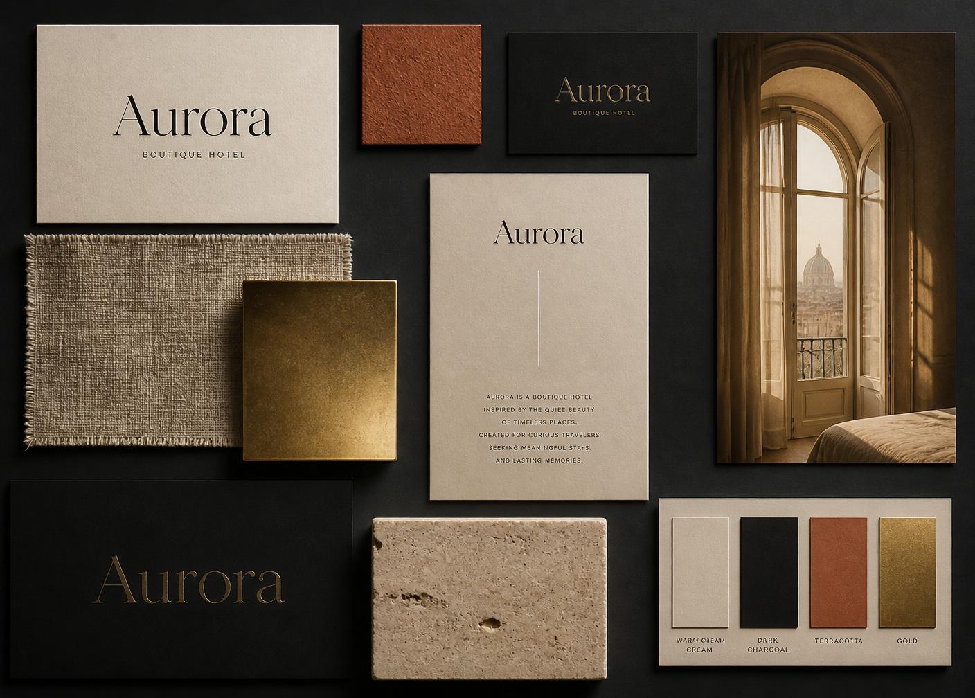 Moodboard com paleta, tipografia e texturas do estudo Aurora
